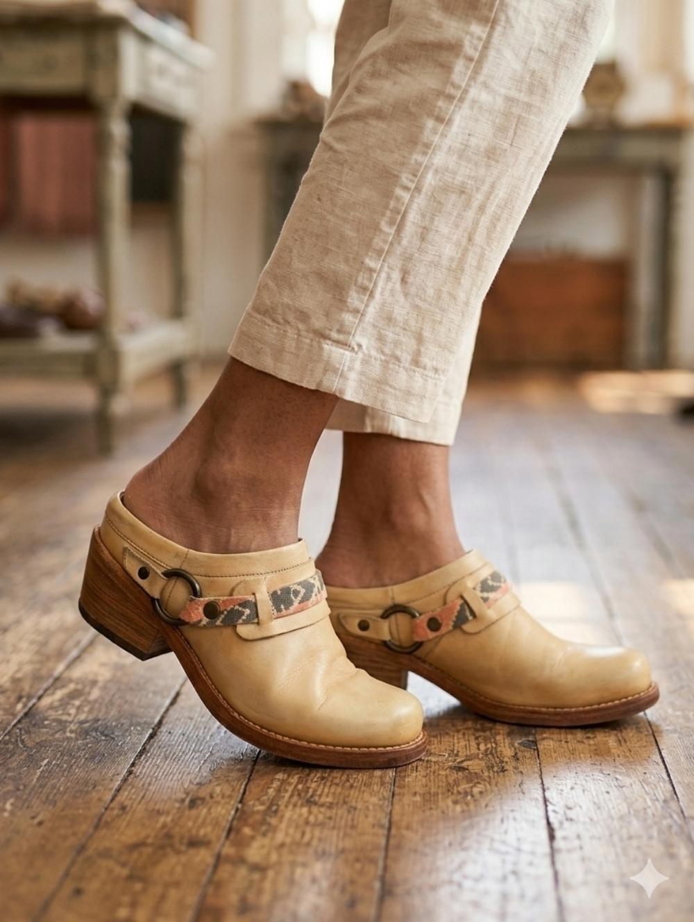 Bed Stu Driftwood Aztec Banana Leather Western Clogs Mules Size 8.5